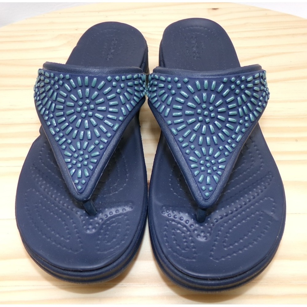Crocs Monterey Diamante Thong Sandals Womens Blue Size 5 Slip On Wedge Mosaic